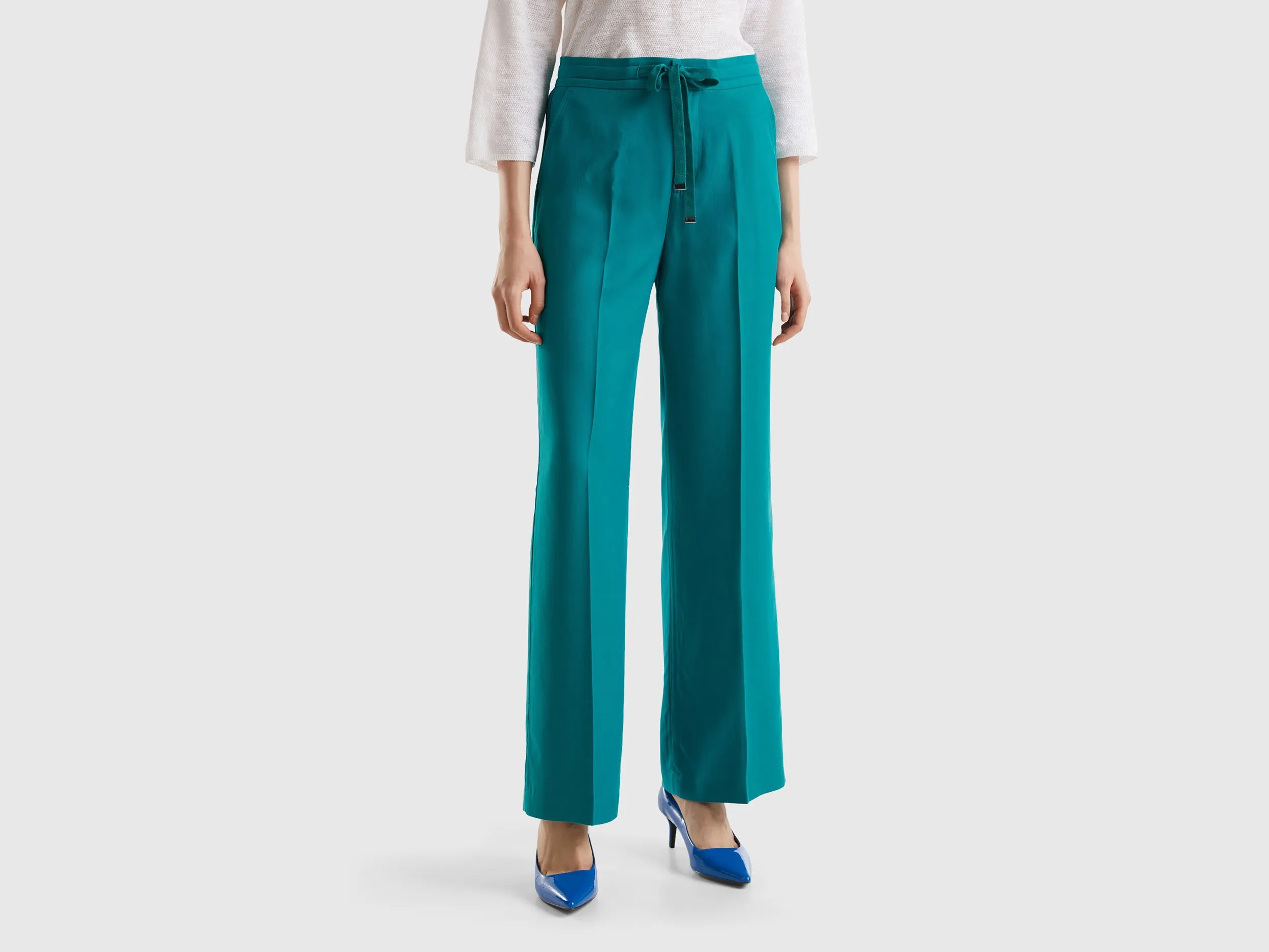 Benetton, Pantaloni In Puro Lyocell, Verde Ottanio, Donna