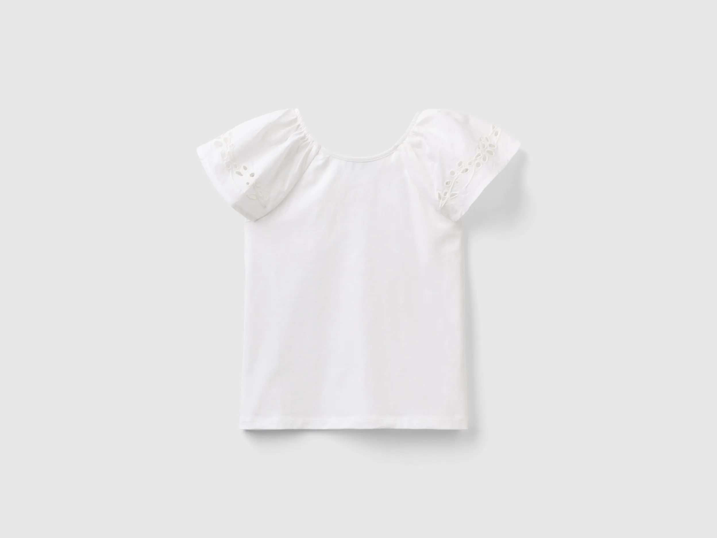 Benetton, Top Con Manica Ricamata, Bianco, Bambini