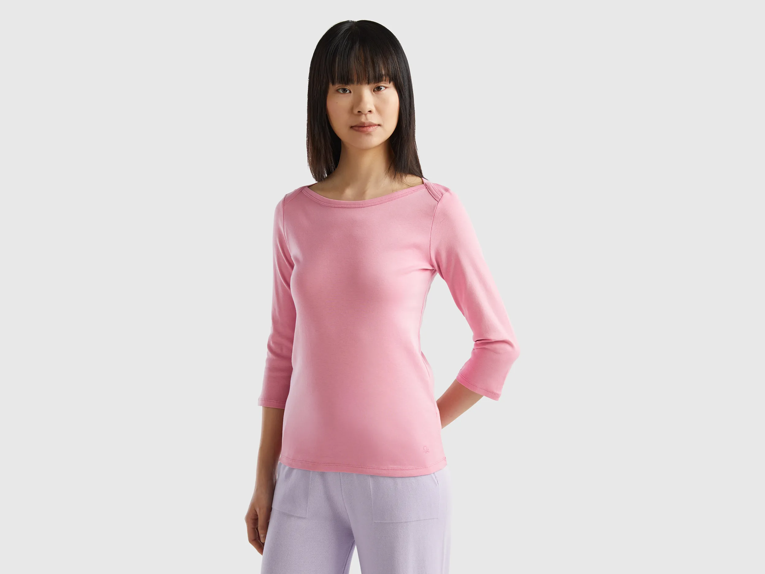 Benetton, T-shirt Con Scollo A Barchetta 100% Cotone, Rosa Pastello, Donna