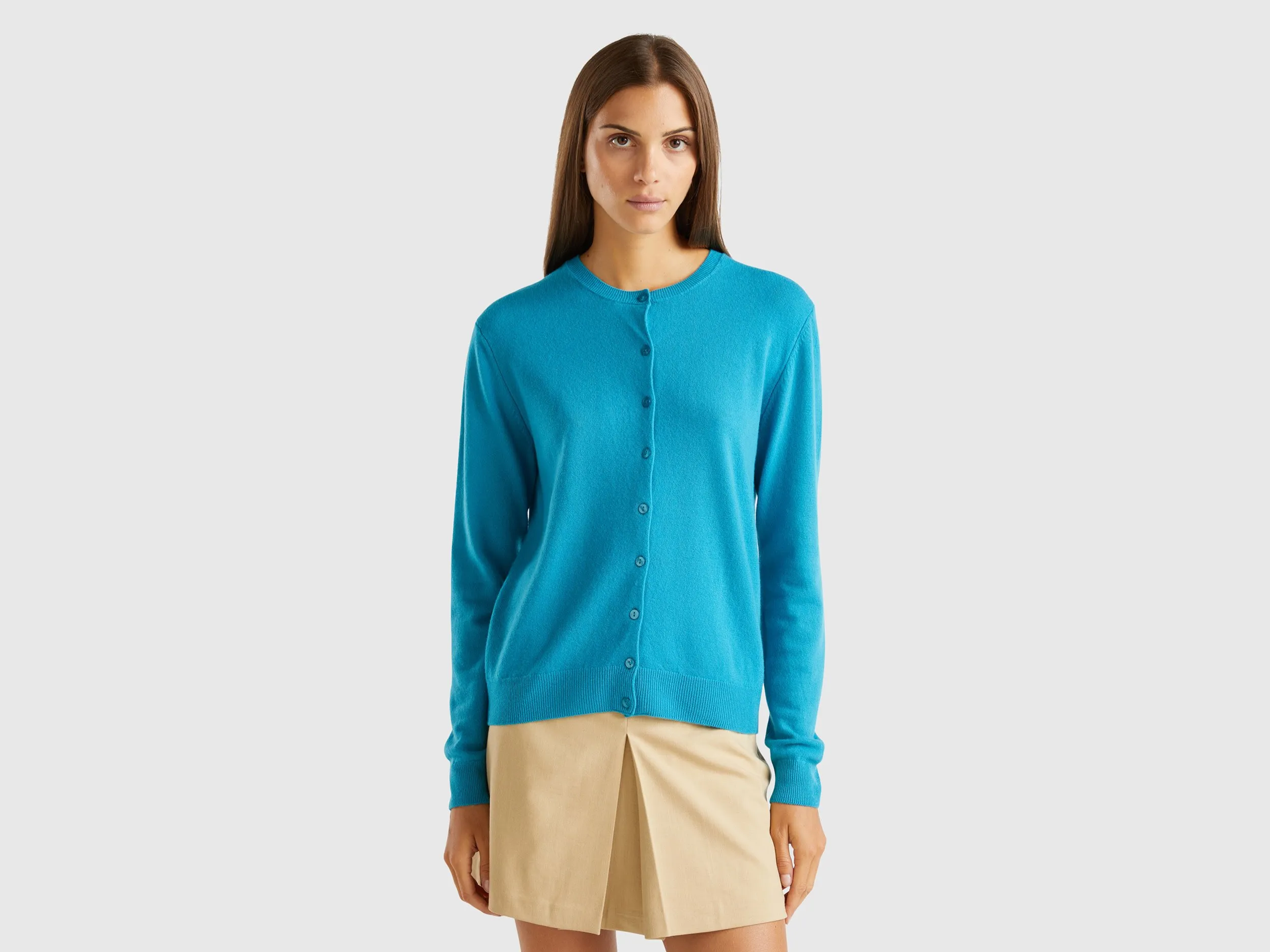 Benetton, Cardigan Girocollo Turchese In Pura Lana Merino, Turchese, Donna