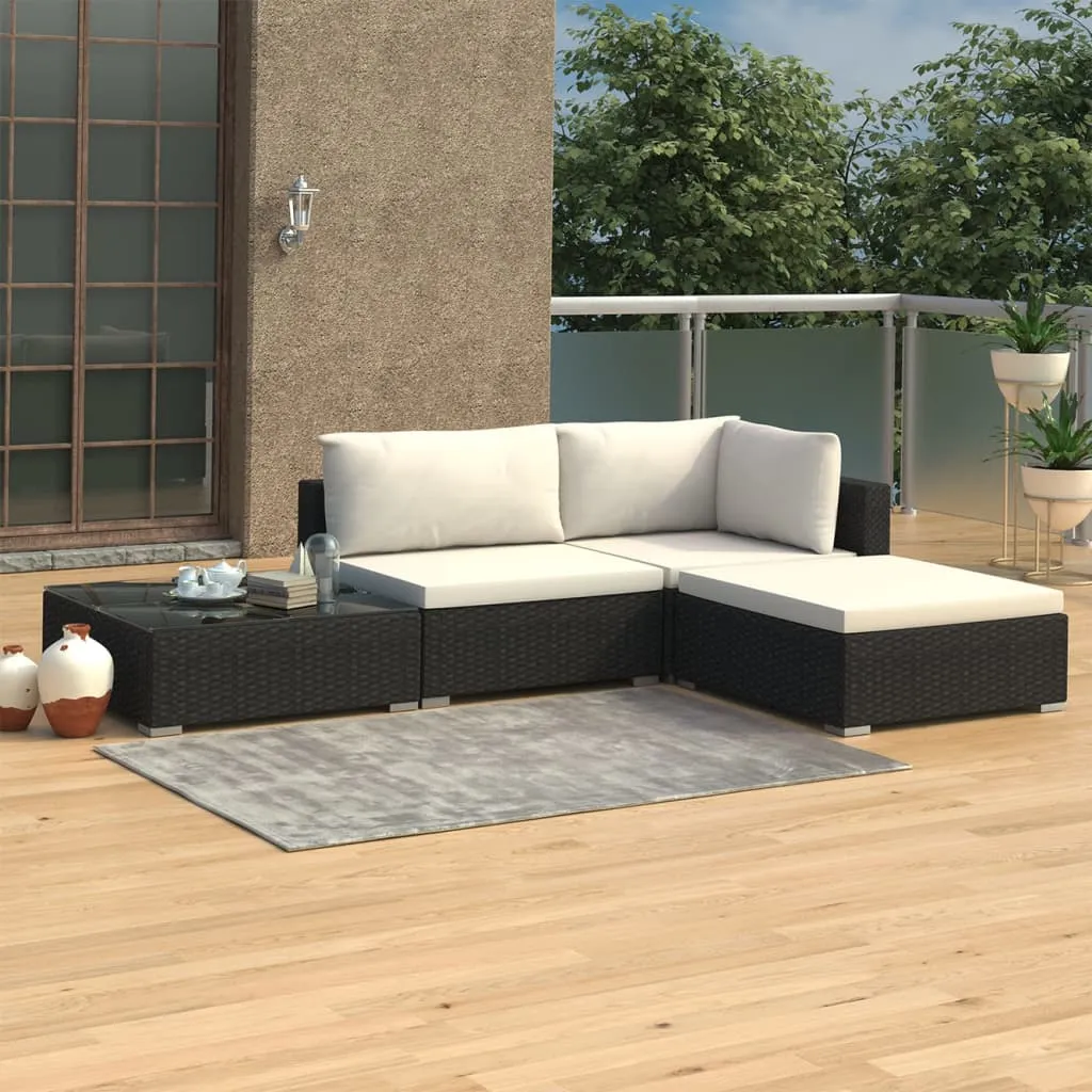 vidaXL Set Divani da Giardino 4 pz con Cuscini in Polyrattan Nero