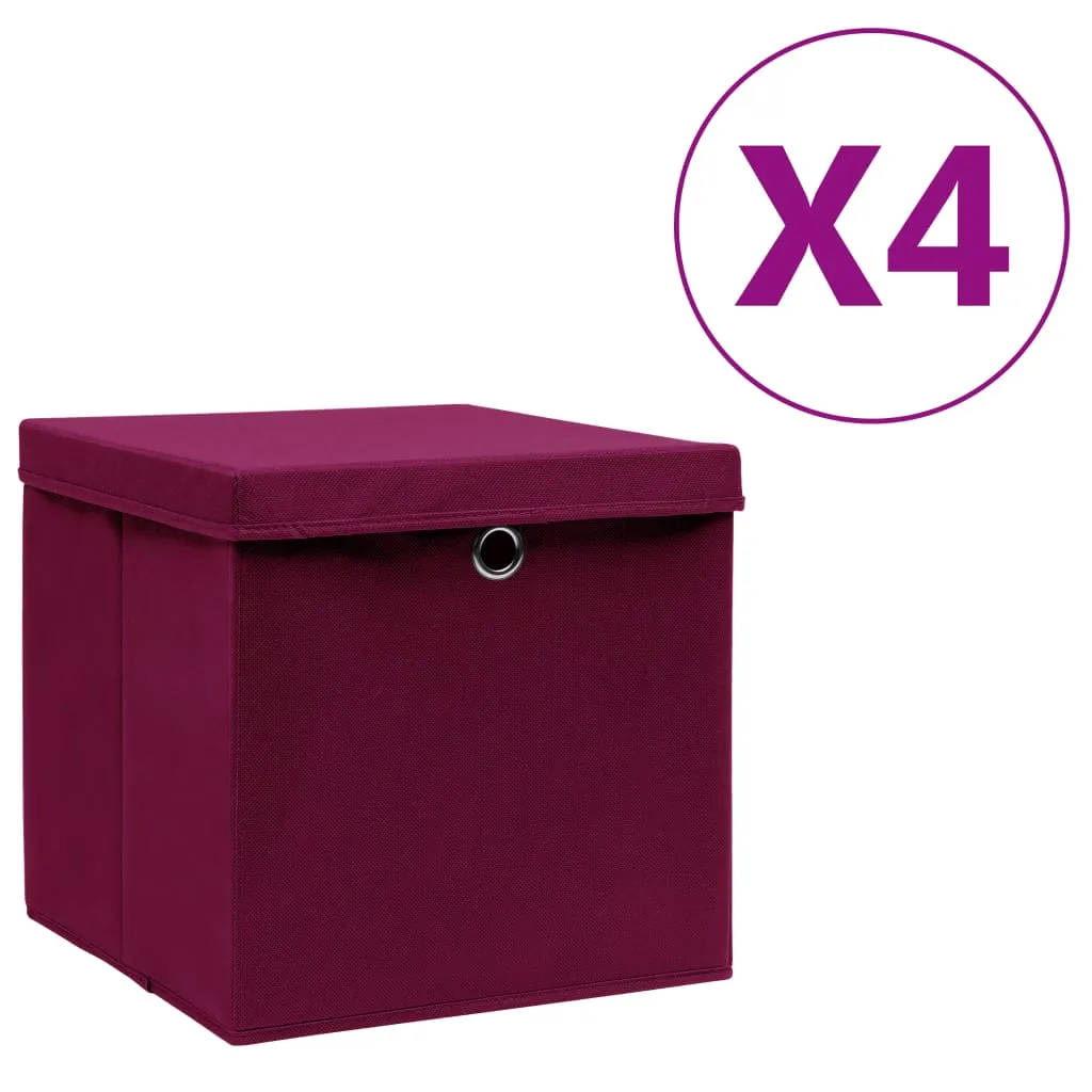 vidaXL Contenitori con Coperchio 4 pz 28x28x28 cm Rosso Scuro