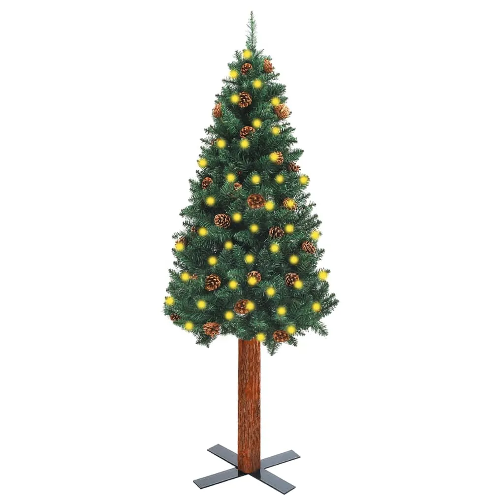 vidaXL Albero di Natale Sottile con LED Legno Vero Pigne Verde 210 cm