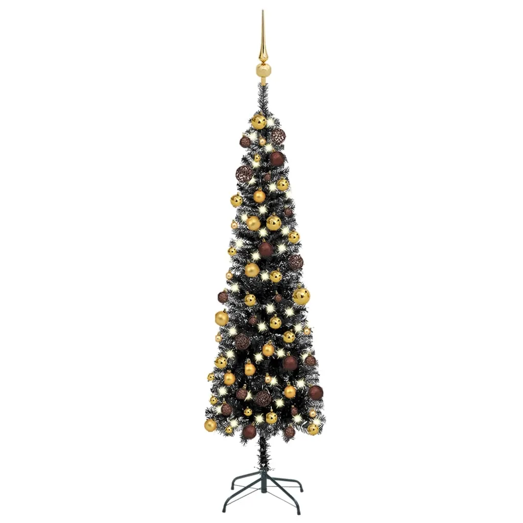 vidaXL Set Albero di Natale Sottile con Luci LED e Palline Nero 210cm