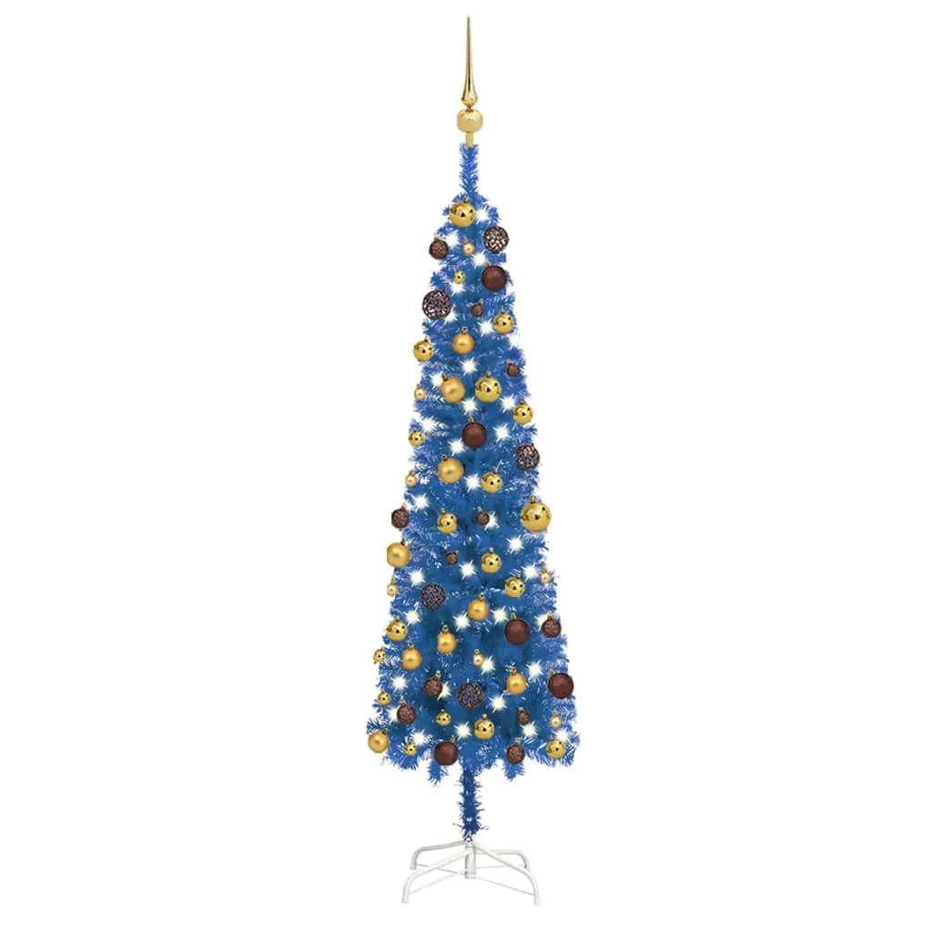 vidaXL Set Albero di Natale Sottile con LED e Palline Blu 150 cm