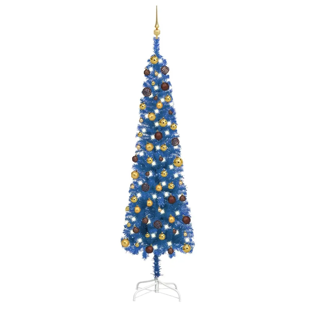 vidaXL Set Albero di Natale Sottile con Luci LED e Palline Blu 240cm