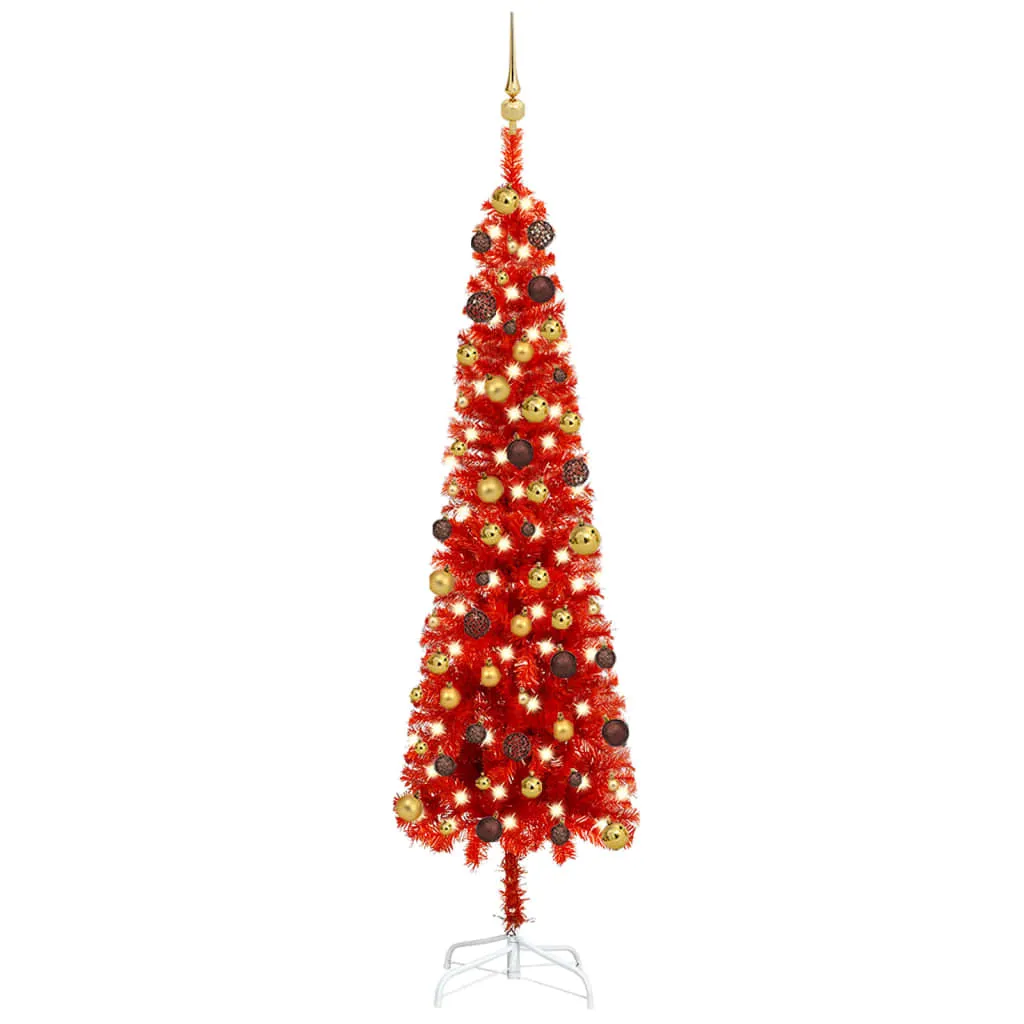 vidaXL Set Albero di Natale Sottile con Luci LED e Palline Rosso 210cm