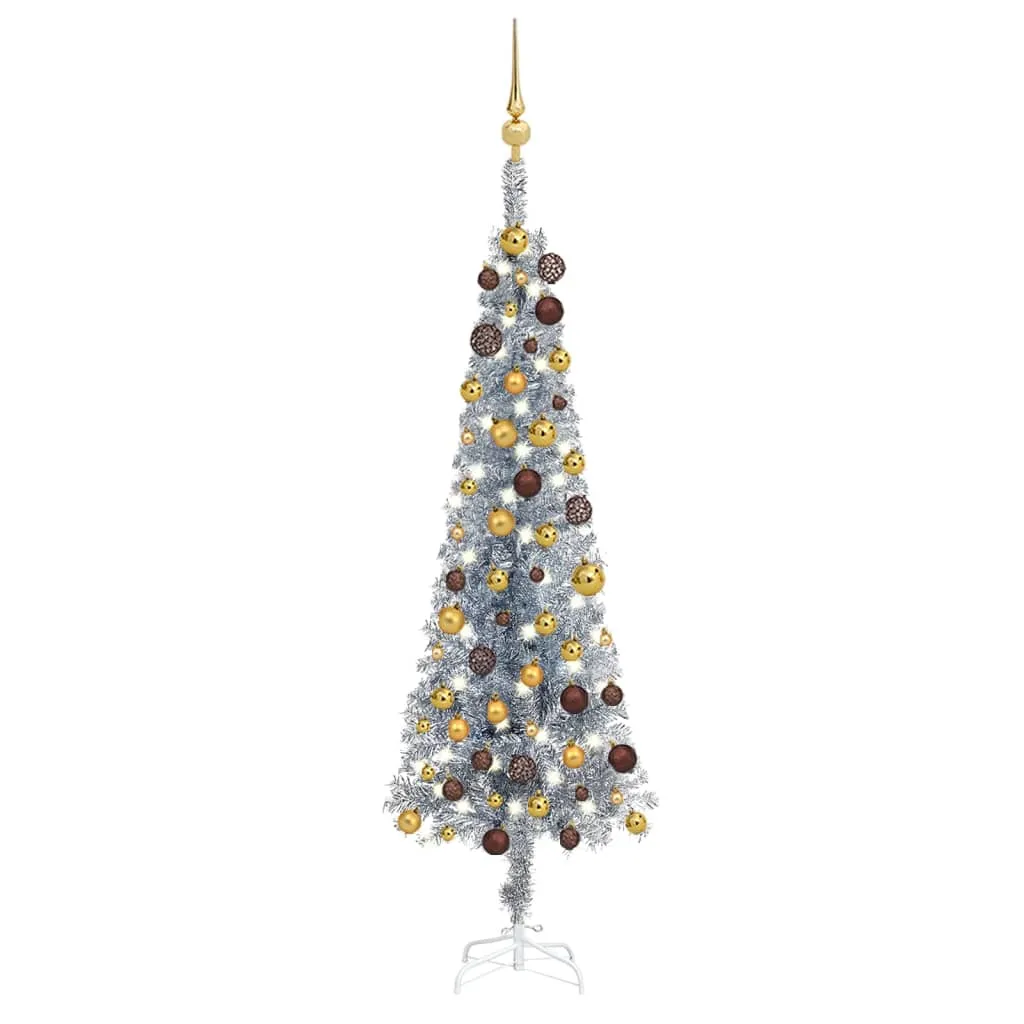 vidaXL Set Albero Natale Sottile con Luci LED e Palline Argento 150cm