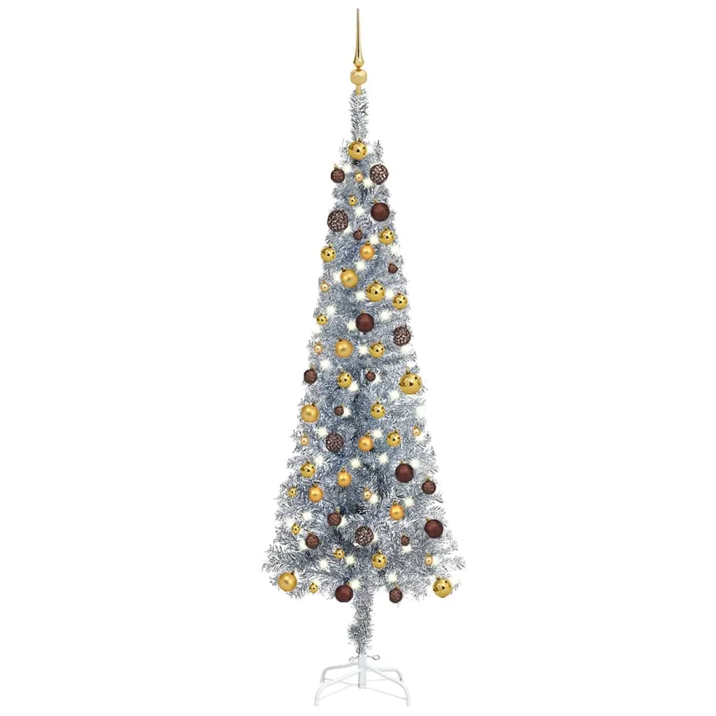 vidaXL Set Albero Natale Sottile con Luci LED e Palline Argento 210cm