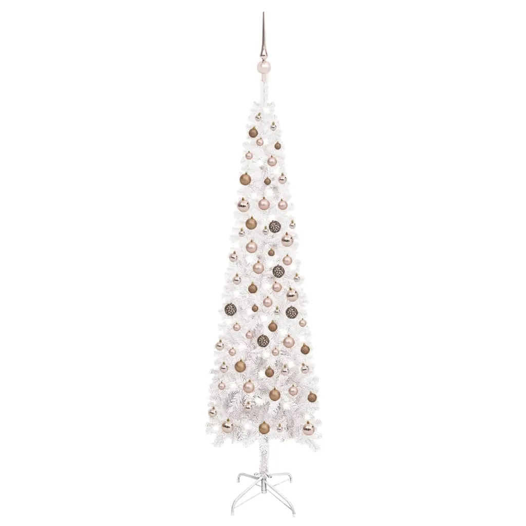 vidaXL Set Albero di Natale Sottile con Luci LED e Palline Bianco 210cm