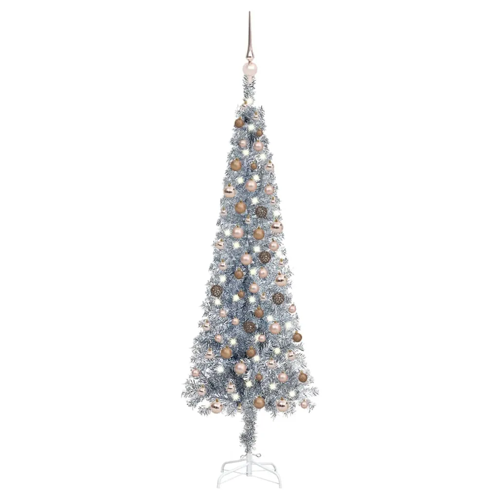vidaXL Set Albero Natale Sottile con Luci LED e Palline Argento 150cm