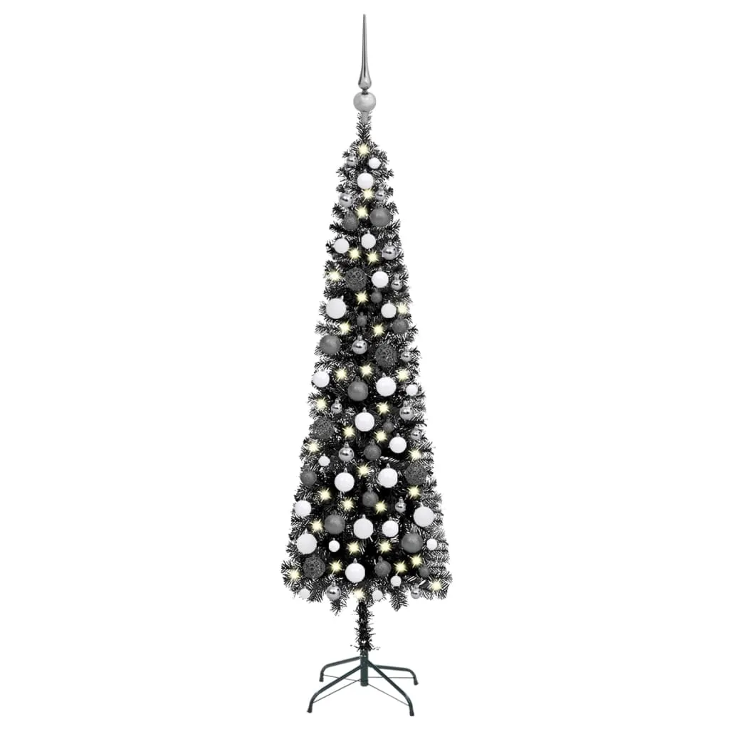 vidaXL Set Albero di Natale Sottile con Luci LED e Palline Nero 180 cm