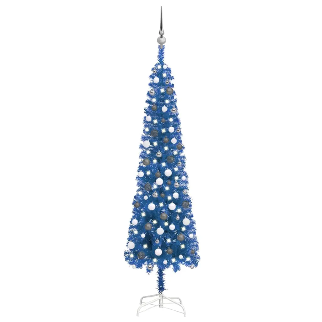 vidaXL Set Albero di Natale Sottile con Luci LED e Palline Blu 210 cm