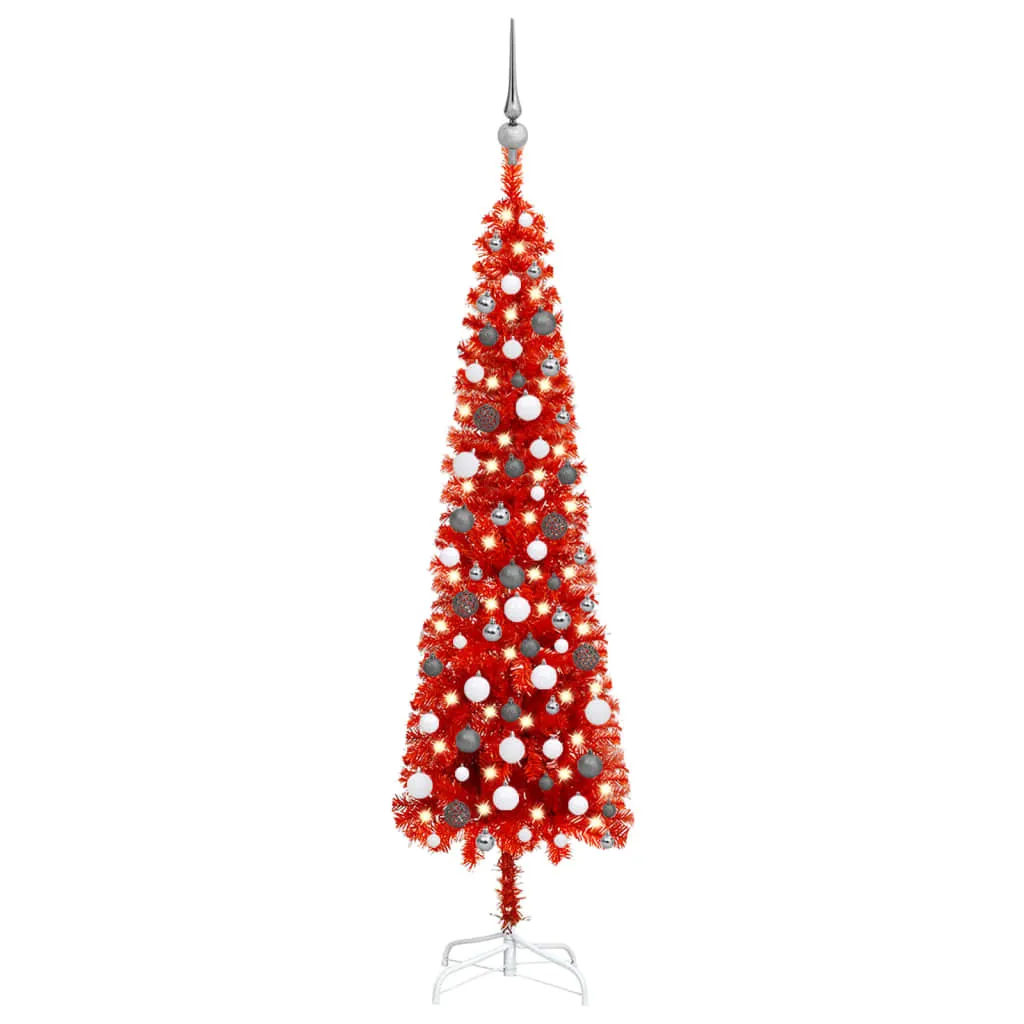 vidaXL Set Albero Natale Slim con LED e Palline Rosso 180 cm PVC