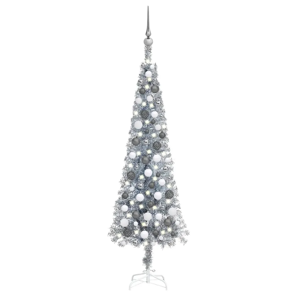 vidaXL Set Albero Natale Sottile con Luci LED e Palline Argento 120cm
