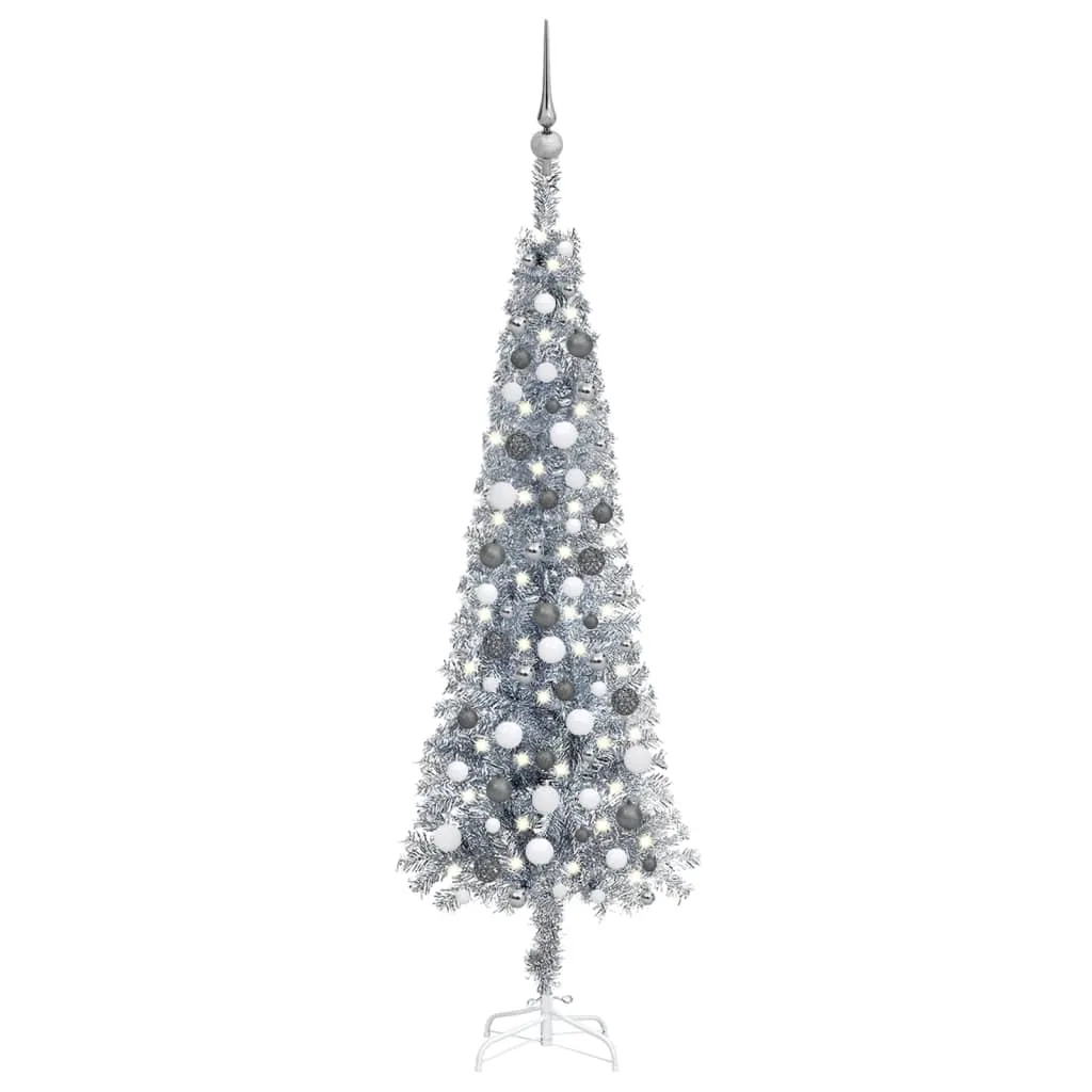 vidaXL Set Albero Natale Sottile con Luci LED e Palline Argento 180 cm