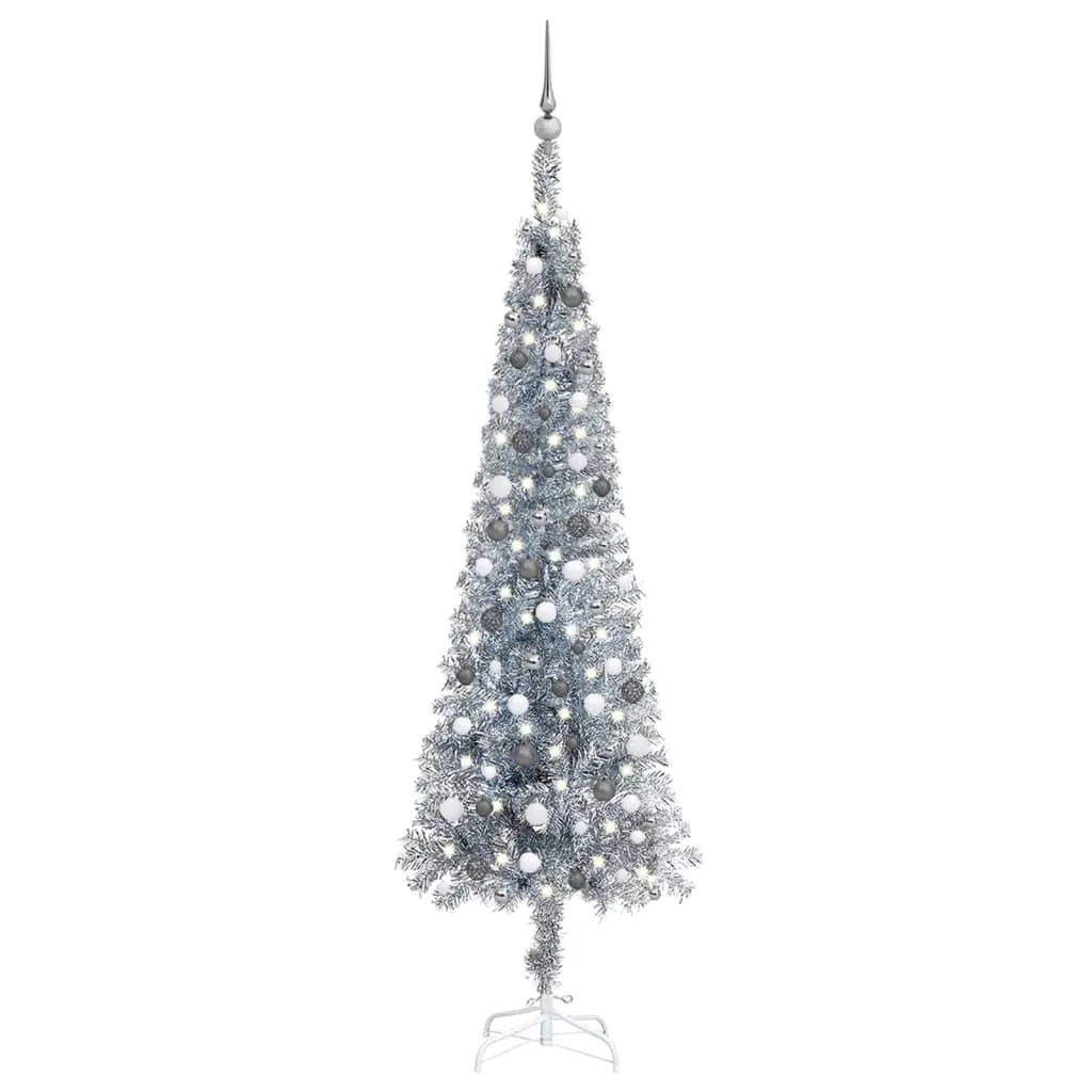 vidaXL Set Albero Natale Sottile con Luci LED e Palline Argento 240 cm