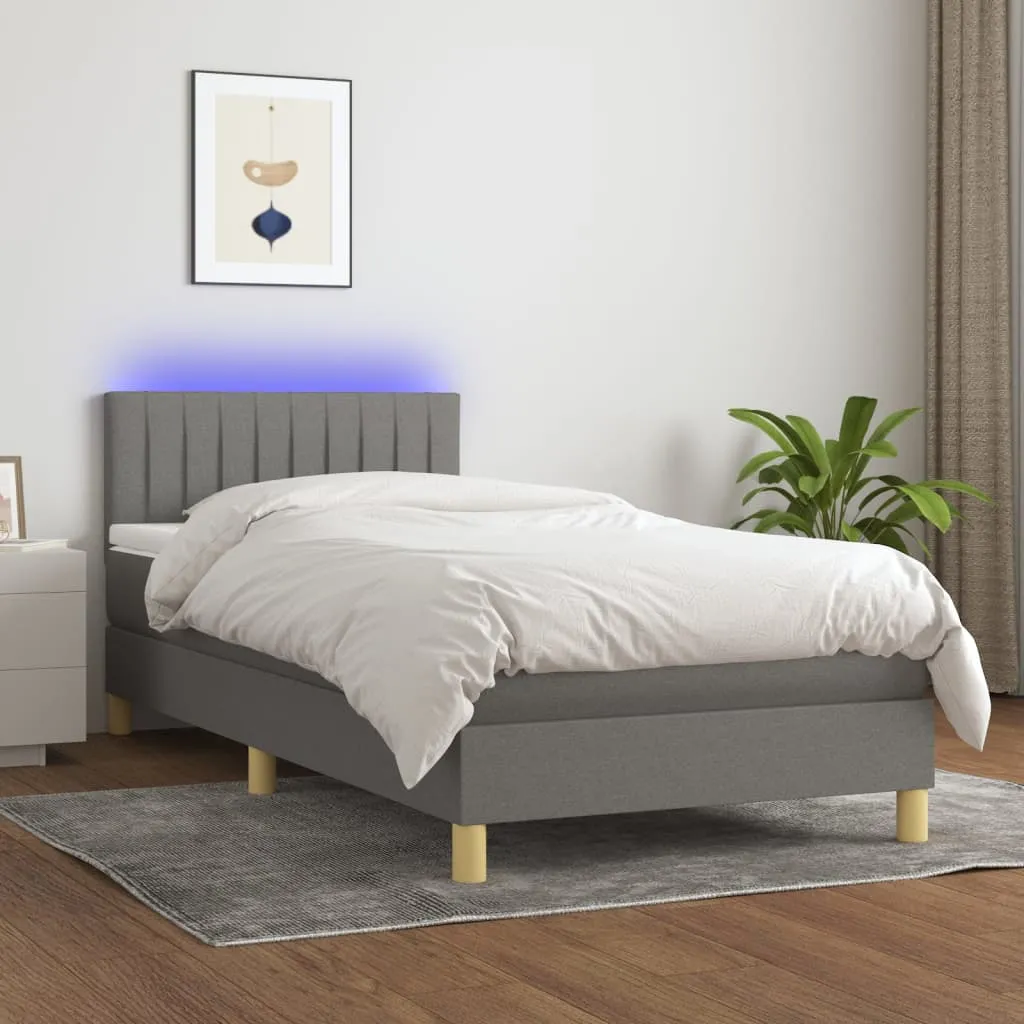 vidaXL Letto a Molle Materasso e LED Grigio Scuro 90x190 cm in Tessuto