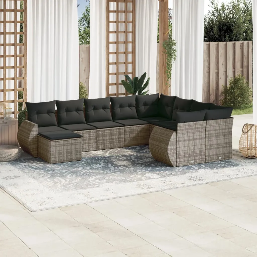 vidaXL Set Divano da Giardino 10 pz con Cuscini Grigio in Polyrattan