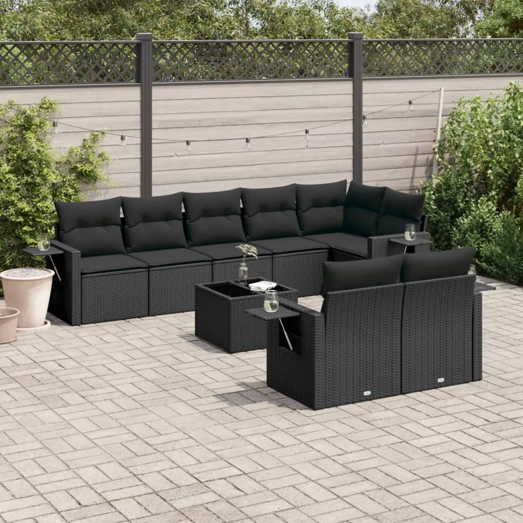 vidaXL Set Divani da Giardino 9 pz con Cuscini Nero in Polyrattan