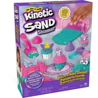 Kinetic Sand Shimmer, set di gioco Laboratorio di pasticceria unicorni, 453 g di Kinetic Sand (verde acqua luccicante e rosa neon), 8 attrezzi unicorno, giocattoli sensoriali per bambini da 3 anni in su