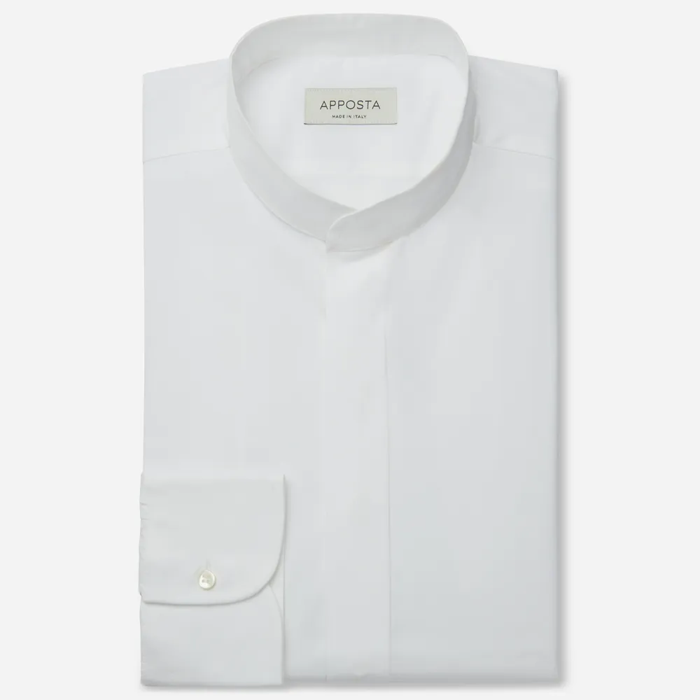 Camicia tinta unita bianco 100% puro cotone popeline doppio ritorto, collo stile coreano senza bottone
