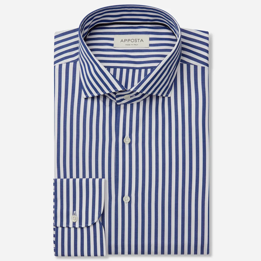 Camicia righe blu 100% puro cotone popeline doppio ritorto, collo stile francese punte corte