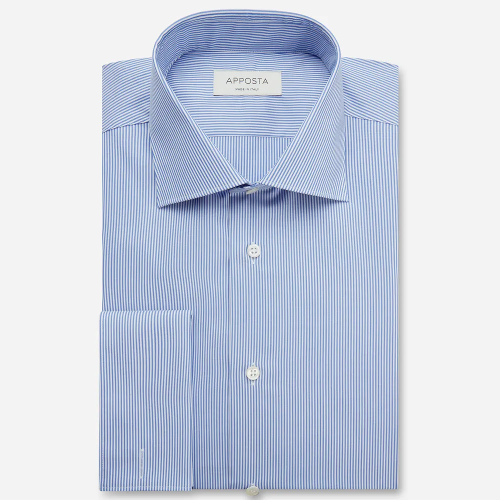 Camicia righe azzurro 100% cotone wrinkle free twill, collo stile semifrancese, polso da gemelli