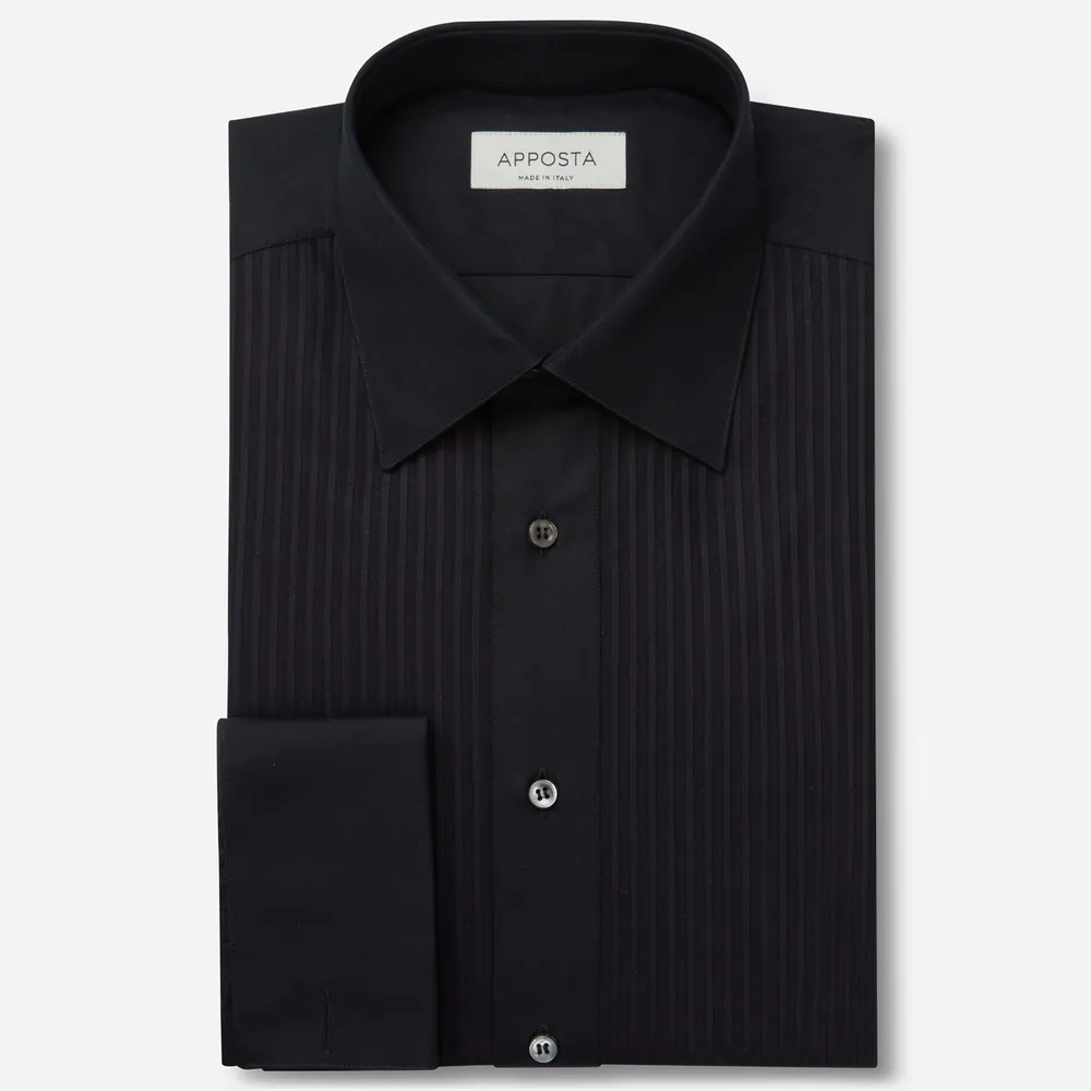 Camicia tinta unita nero 100% puro cotone, collo stile italiano basso, polso da gemelli