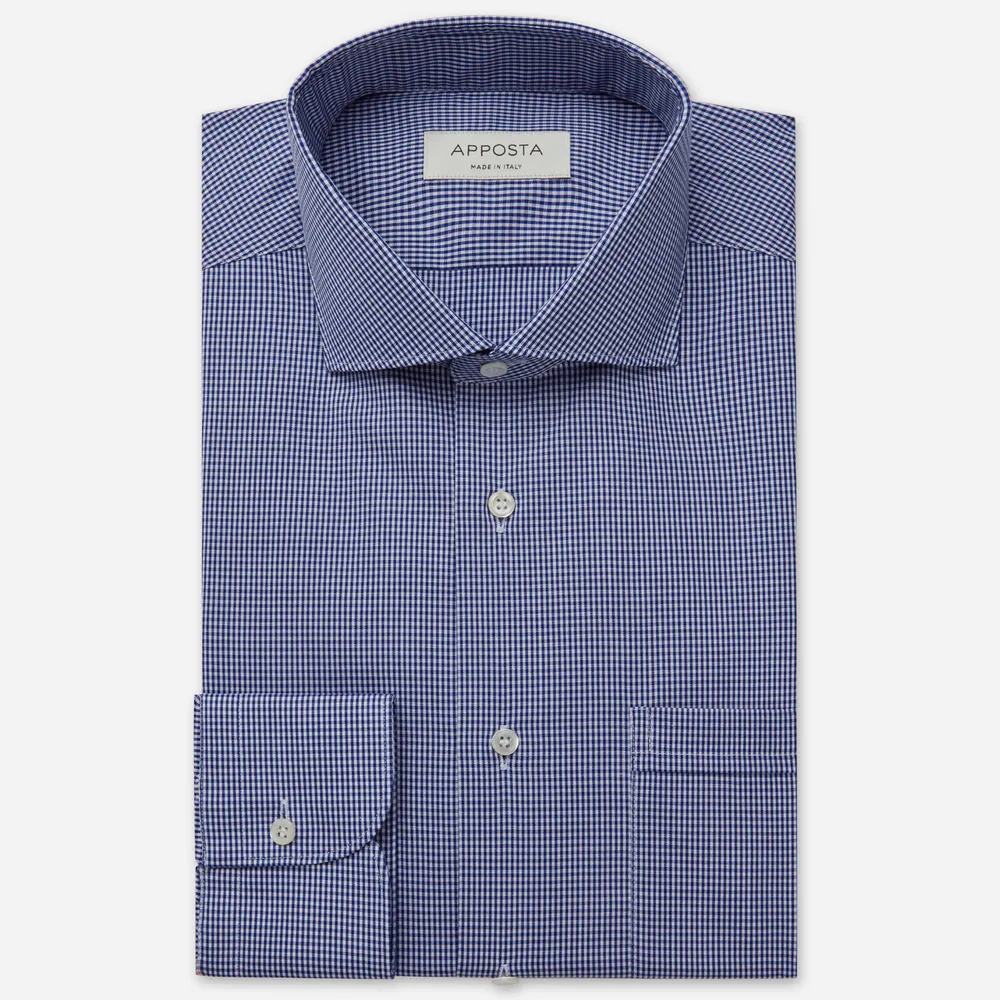Camicia quadri piccoli blu 100% puro cotone fil-a-fil, collo stile collo francese aggiornato a punte corte
