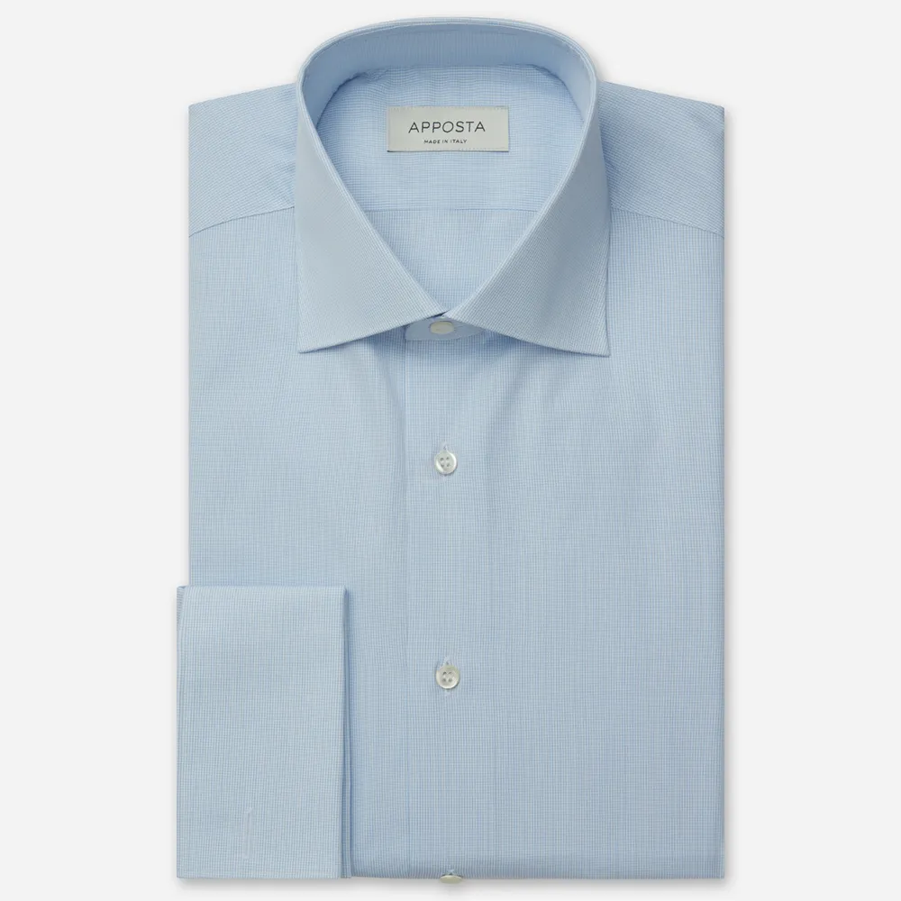 Camicia quadri piccoli azzurro 100% puro cotone tela, collo stile francese