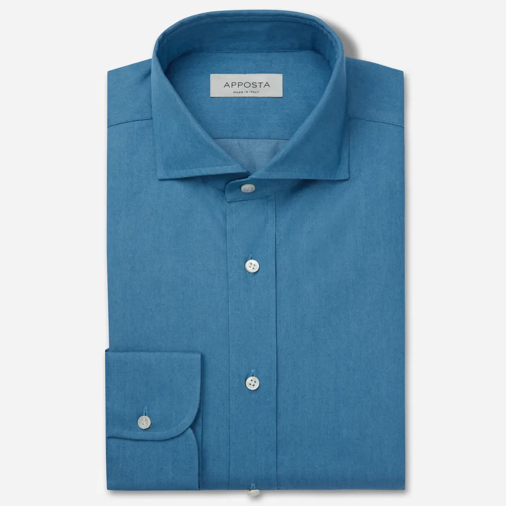 Camicia tinta unita azzurro 100% puro cotone denim doppio ritorto, collo stile francese punte corte