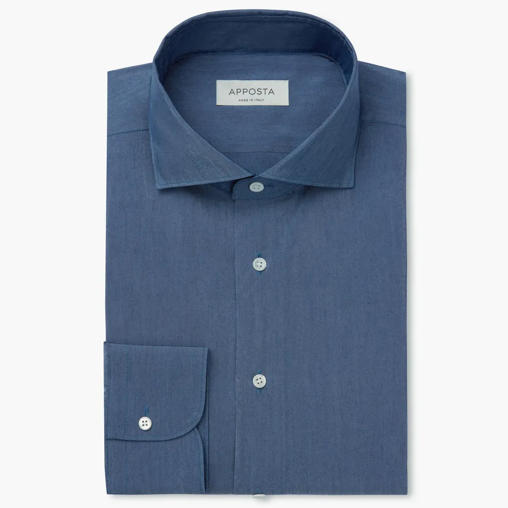 Camicia tinta unita azzurro cotone seta denim, collo stile francese punte corte