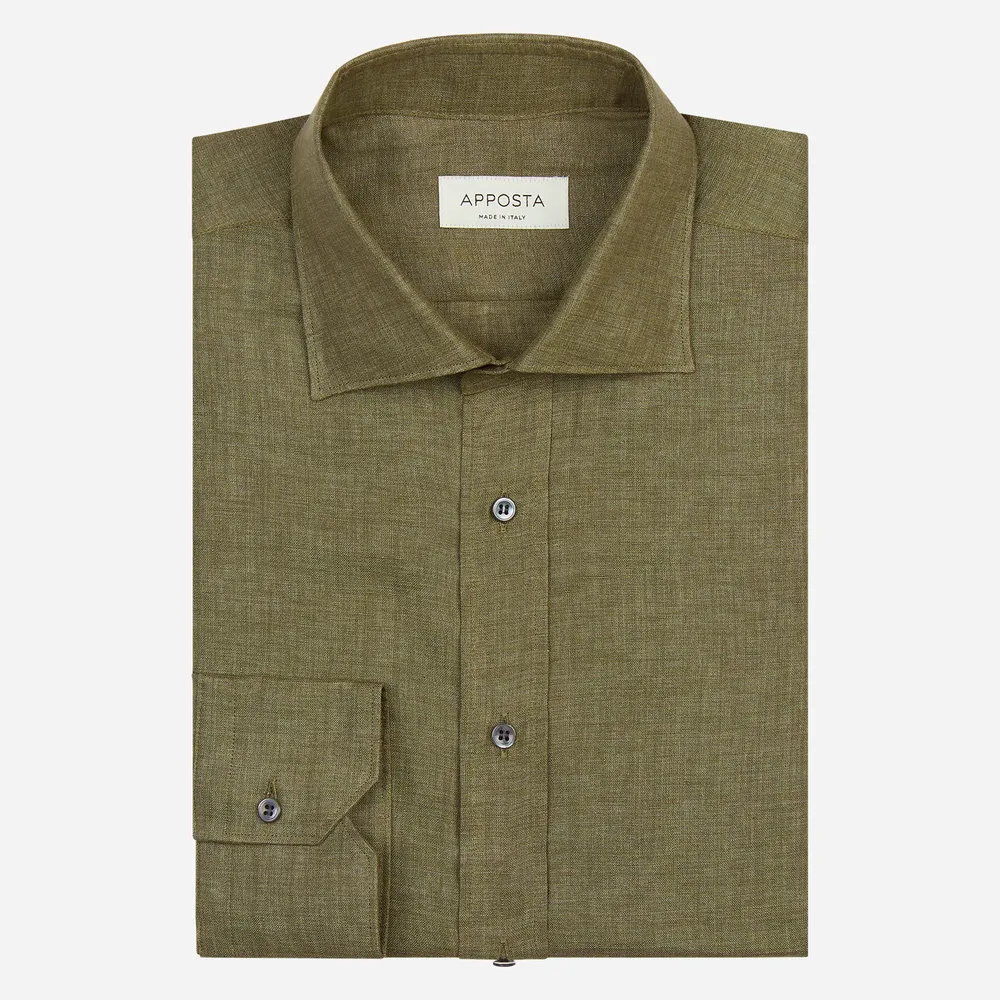 Camicia tinta unita verde lino tela lino normandia, collo stile semifrancese