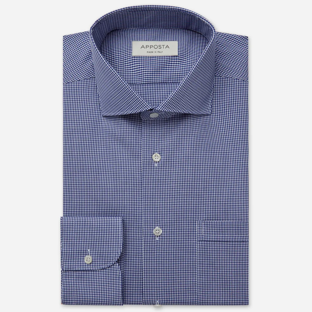 Camicia quadri piccoli blu 100% cotone no stiro popeline, collo stile francese punte corte