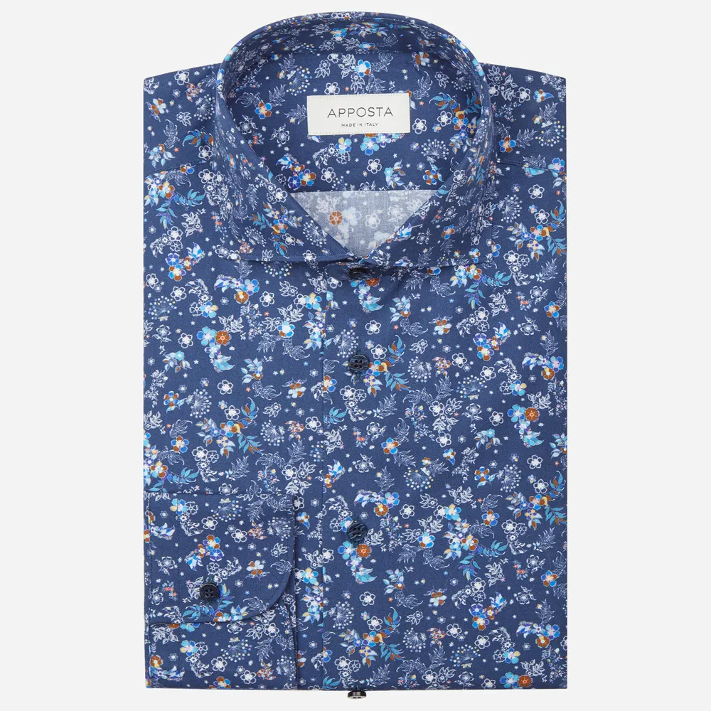 Camicia disegni a fiori blu 100% puro cotone popeline, collo stile francese punte corte