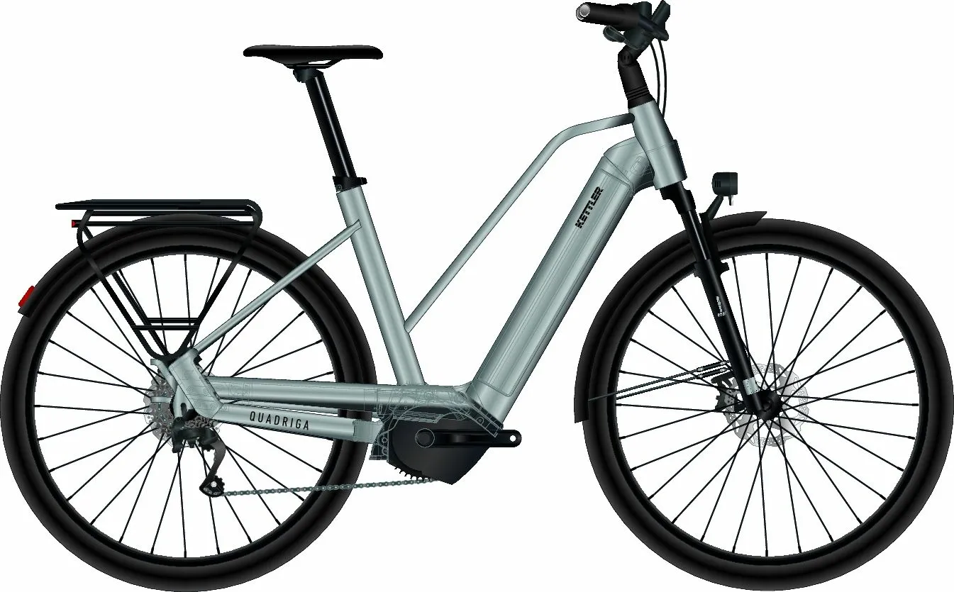 KETTLER bici in alluminio QUADRIGA P10 (625 Wh), deragliatore 10 velocità, bici da donna, trapezio, modello 2023, 28 pollici 53 cm cromo opaco / nero lucido