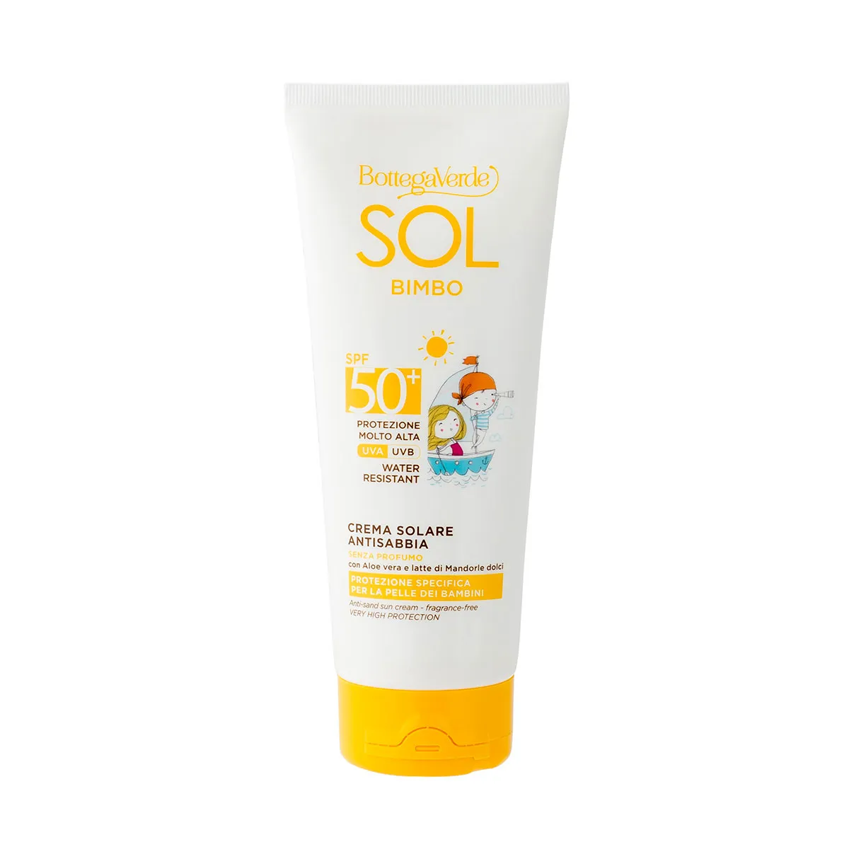 SOL bimbo - Crema solare - antisabbia, resistente all'acqua - senza profumo - con Aloe vera e latte di Mandorle dolci - protezione molto alta SPF50+ - water resistant - protezione specifica per la pelle dei bambini