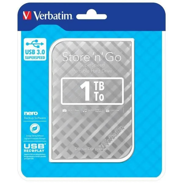 Verbatim Disco rigido portatile Store 'n' Go USB 3.0 da 1 TB Argento