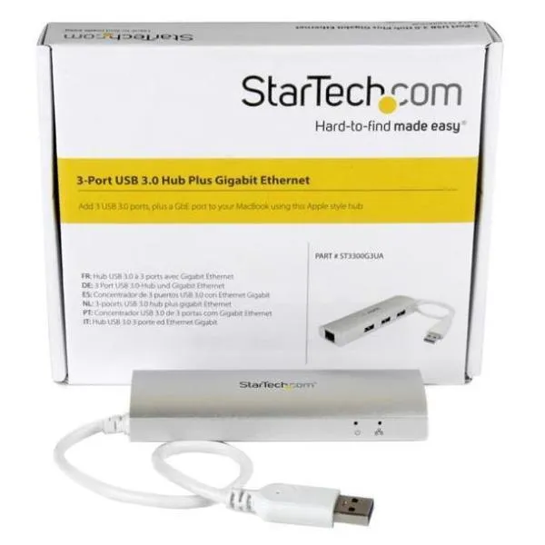 StarTech.com Hub USB a 3 porte con Ethernet, 3 porte USB-A, Gigabit Ethernet/GbE, USB 5Gbps, alimentato tramite USB, hub USB 3.0 portatile per notebook