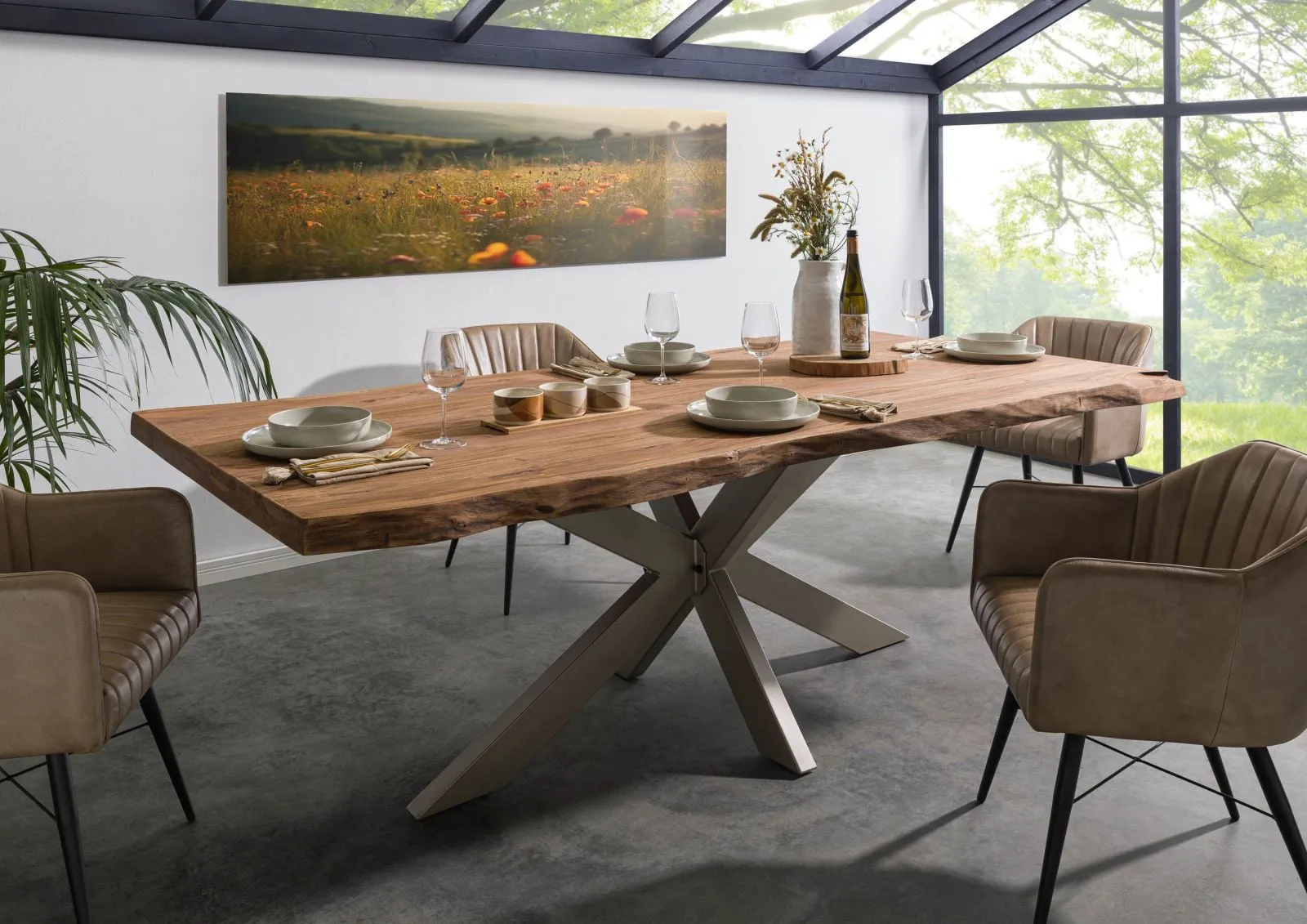 FREEFORM 5 Tavolo da pranzo in legno di sheesham - decapato / naturale - gambe ad X argento matt 240x100