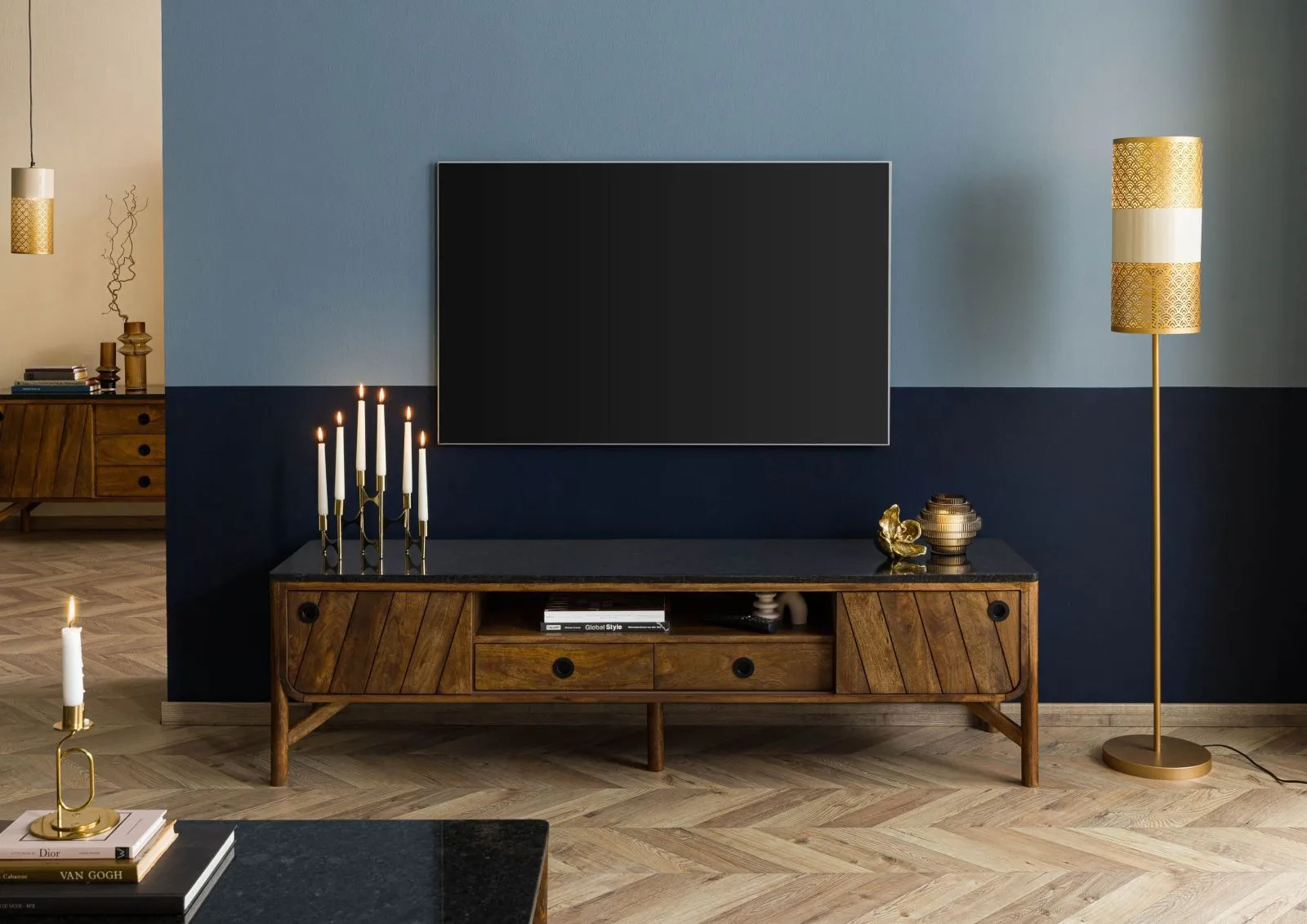 Mobile TV in legno di Mango 180x45x50 marrone oliato / granito scuro LOS ANGELES #103