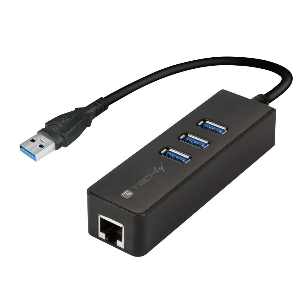 Techly Adattatore Convertitore USB3.0 Ethernet Gigabit con Hub 3 porte