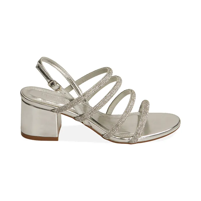 Sandali laminati argento, tacco 5,5 cm
