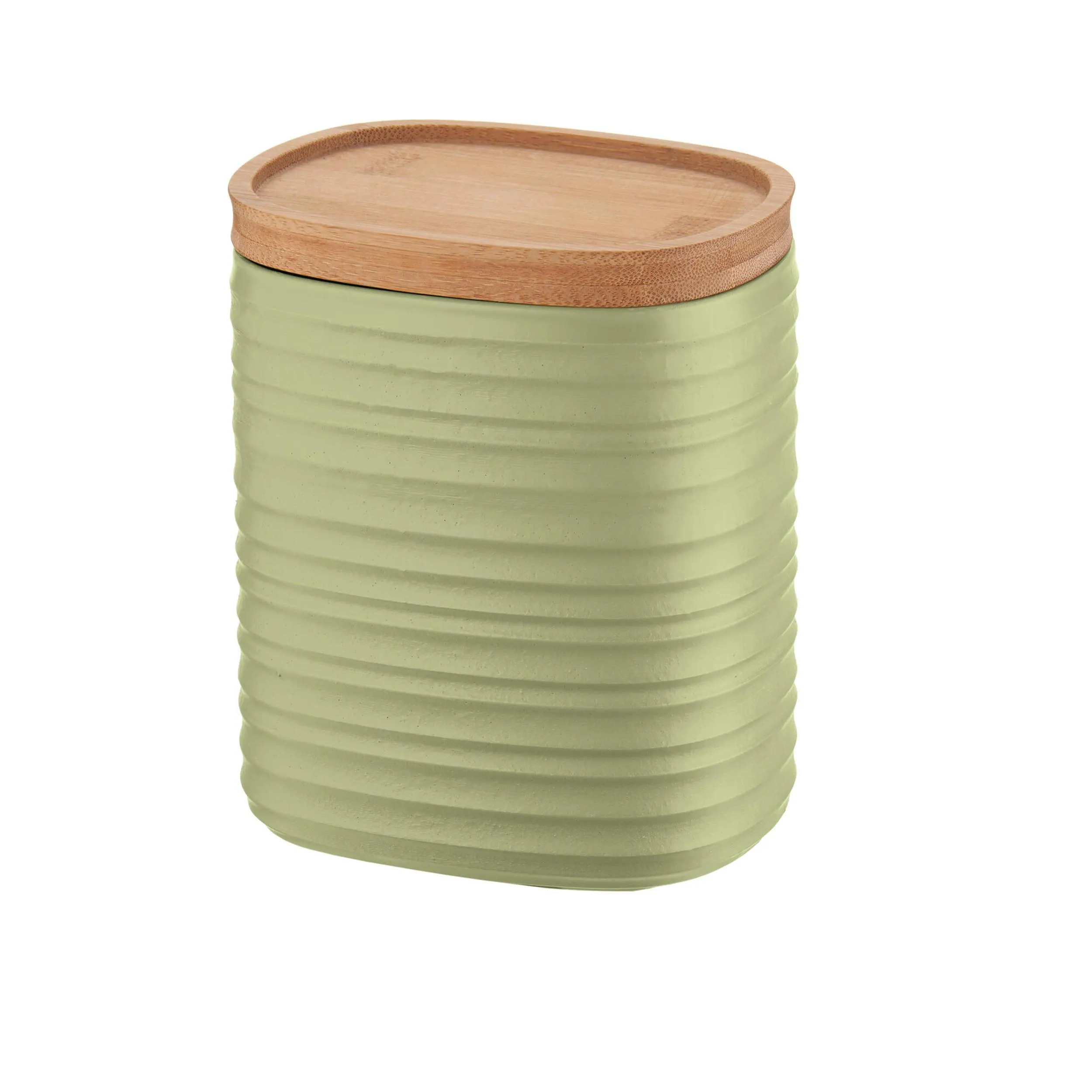 Barattolo realizzati riciclando 7,4 bottiglie di plastica 12.3x9.4x h15 cm - 1000cc con coperchio in Legno di bamboo salva freschezza e guarnizione sul tappo Verde Alga