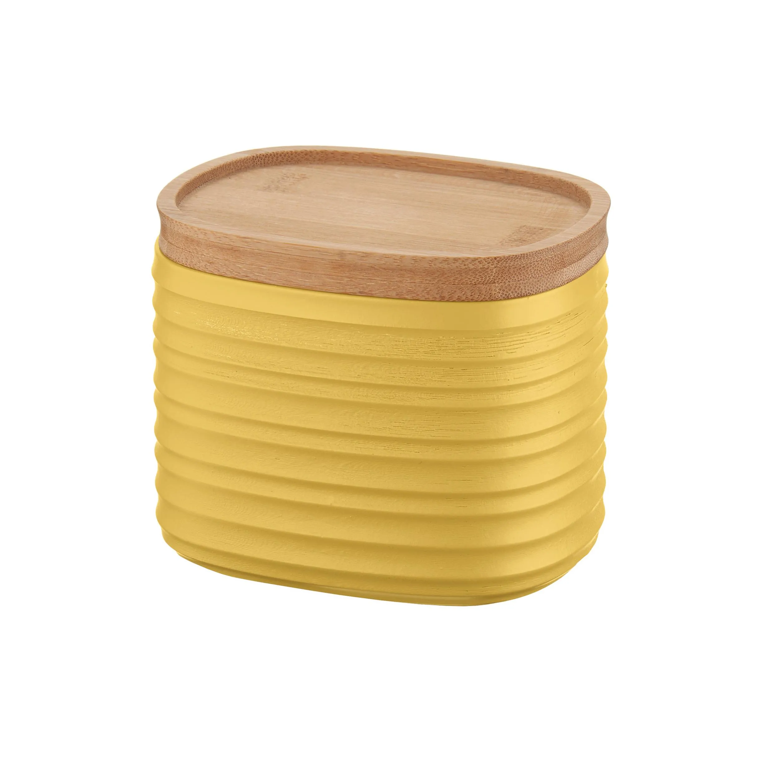 Barattolo realizzati riciclando 4.90 bottiglie di plastica 12.3x9.4x h11cm - 500cc con coperchio in Legno di bamboo salva freschezza e guarnizione sul tappo giallo senape