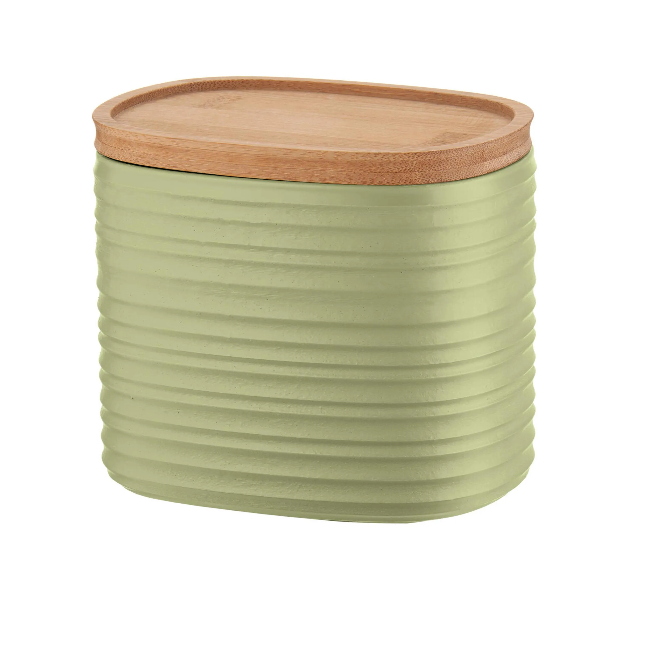 Barattolo realizzati riciclando 4,9 bottiglie di plastica 12.3x9.4x h11 cm - 500cc con coperchio in Legno di bamboo salva freschezza e guarnizione sul tappo Verde Alga