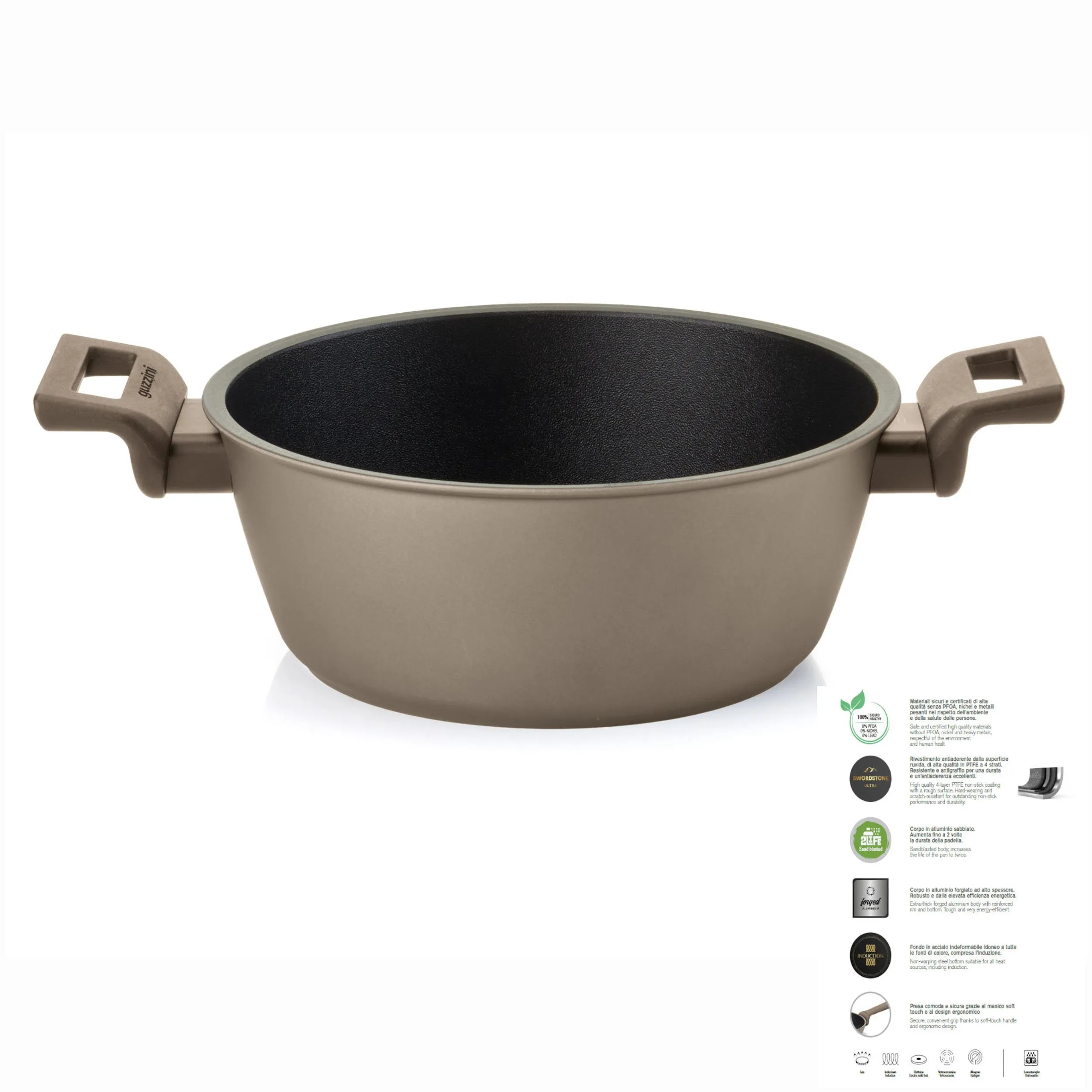 Casseruola due manici Grande 4 strati di rivestimento, fondo DOT induction Swordstone Diametro Ø30 x h 10,9 cm ingombro con manici 38 cm linea Cook&Strong adatta a tutte le fonti di calore anche induzione bronzo