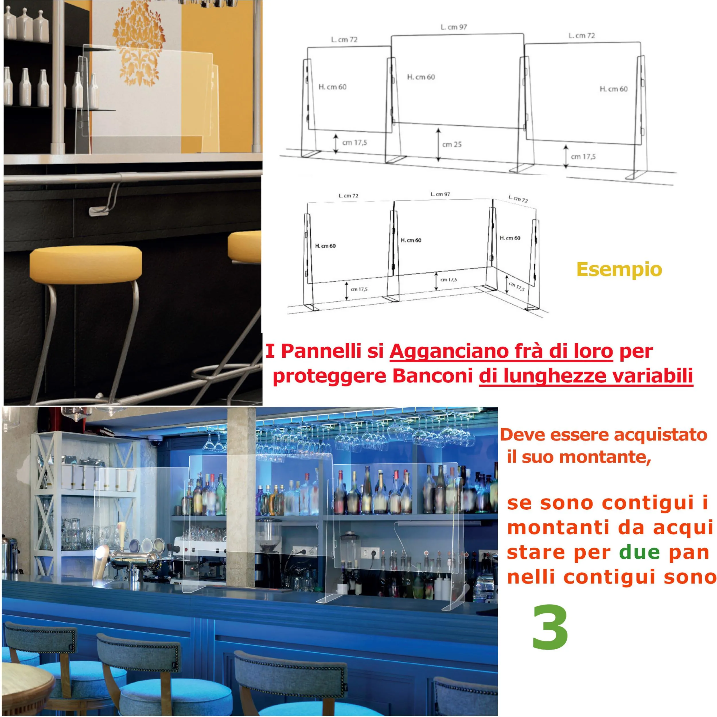 Barriera Parafiato per spazi ristorante, bar in plexiglass Modulabile 72xh60 cm - spessore mm per attività che necessitano di protezione si possono agganciare frà di loro per banconi