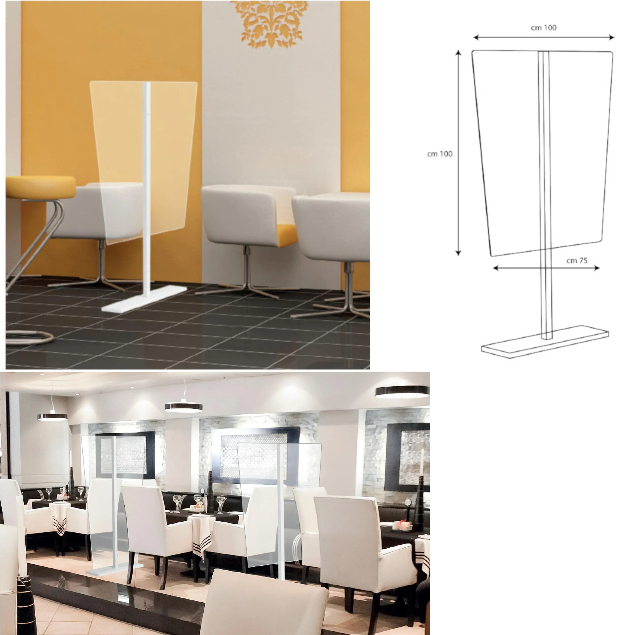 Separatore paravento per Tavoli ristorante, bar, Parrucchiere , da terra in plexiglass 100x22xh152 cm - spessore 4 mm Base e colonna in metallo laccato per attività commerciali , uffici che necessitano di protezione